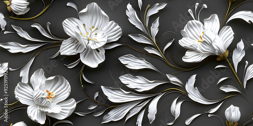 Seamless 3D White Floral Pattern With Branches and Leaves. Modern Home Decor, Textiles, Wrap, Wallpaper, Fabric, Greeting & Invitation Card, Wall Sticker