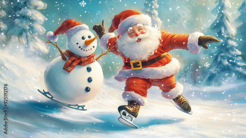 Santa Claus is iceskating with snowman on the frozen lake, winter holiday season, christmas greeting card, illustration