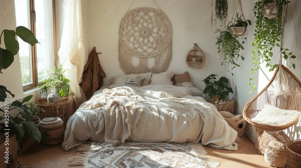 Cozy bohemian bedroom with natural light, hanging plants, and neutral decor for a relaxing, earthy atmosphere.