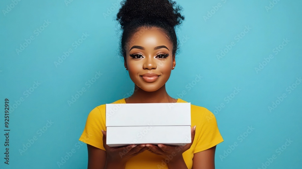 Obraz premium Young Black woman with an afro bun holding a blank white box in front of her, smiling, against a blue background.