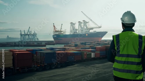 Operator Overseeing Cargo Operations at Busy Seaport in Daylight Generative AI