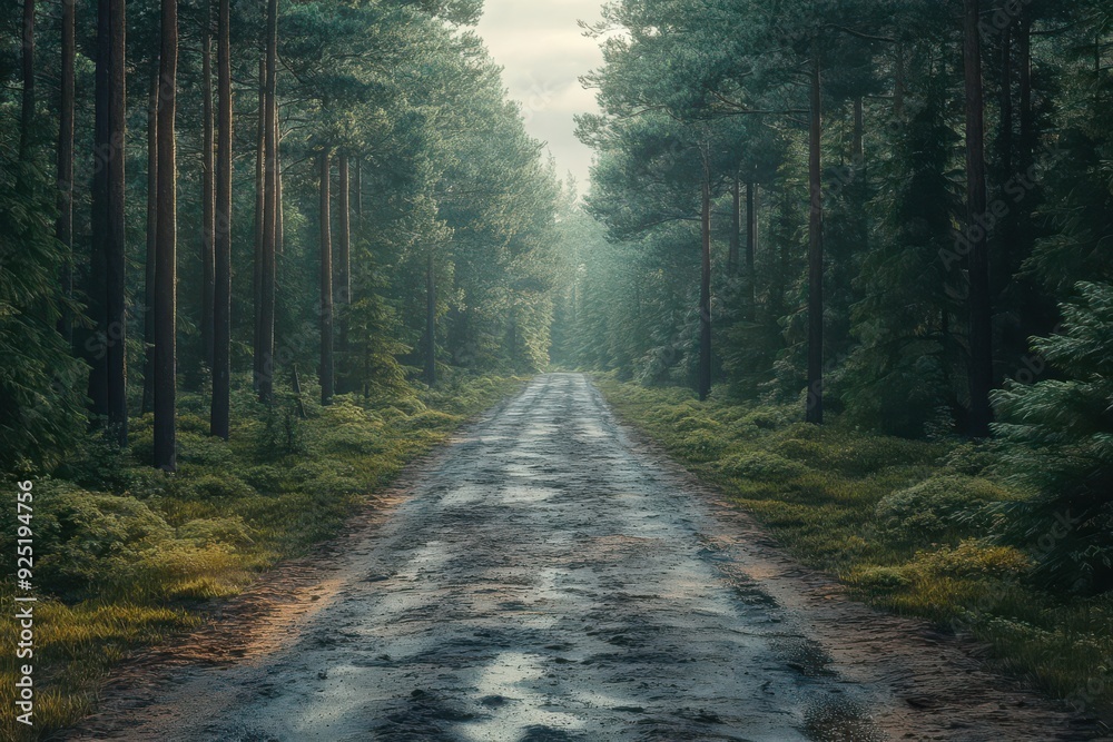 Obraz premium Road disappearing into the distance among tall pines, endless possibilities
