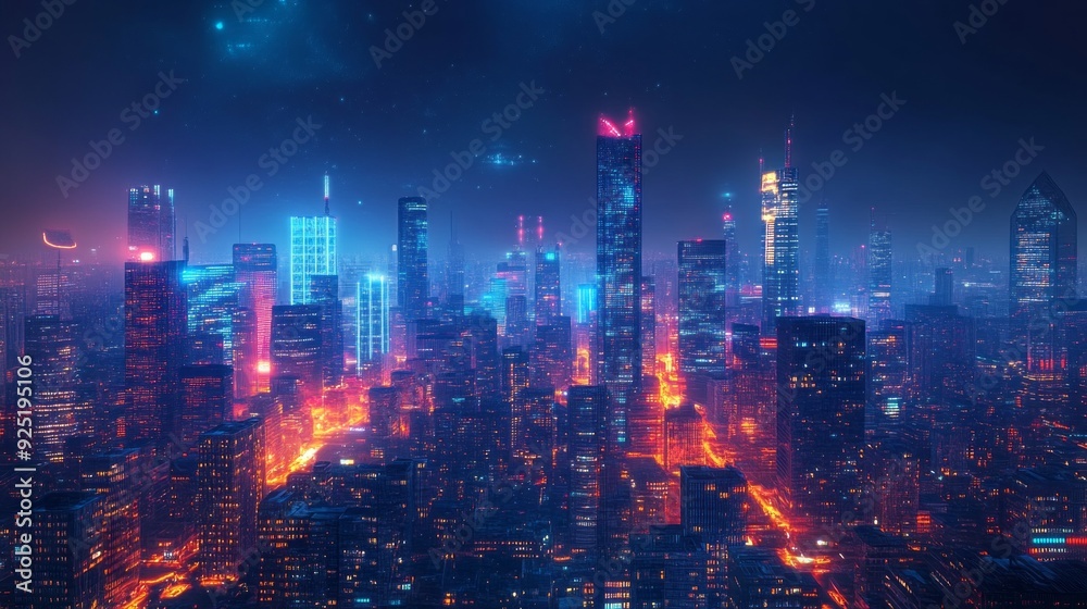 Fototapeta premium The urban landscape glows with colorful lights as skyscrapers rise majestically against the night sky, creating a mesmerizing visual spectacle