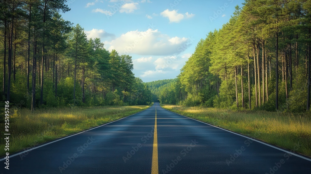 Obraz premium Road with pine forest on one side and open field on the other, contrast and balance