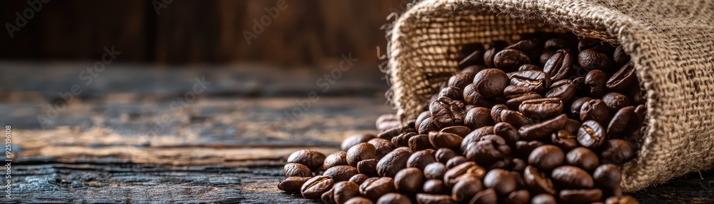 Fototapeta premium Rustic burlap sack filled with coffee beans, spilling onto a wooden table, evoking a warm, cozy atmosphere in a rustic setting.