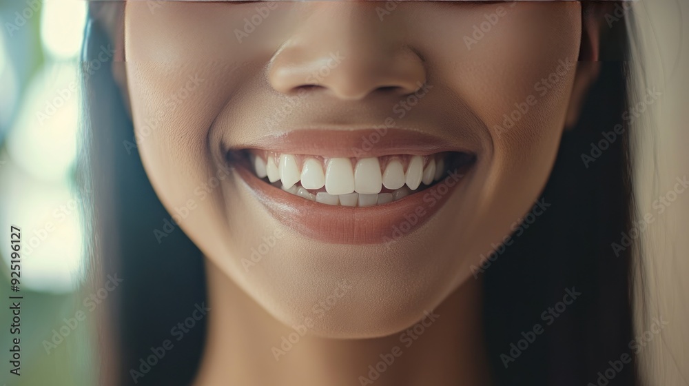 Obraz premium Close up of a woman smiling, showing her white teeth and full lips.