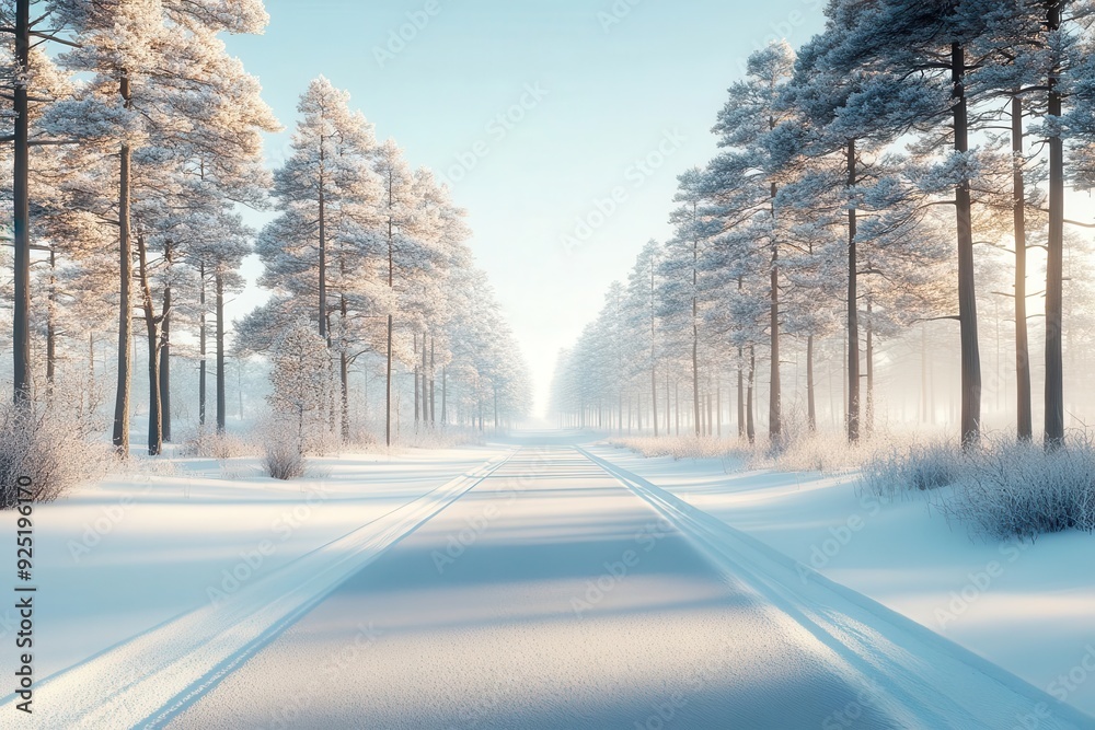 Snow-covered road in pine forest, serene winter wonderland scene Snow-covered road in pine forest, serene winter wonderland scene