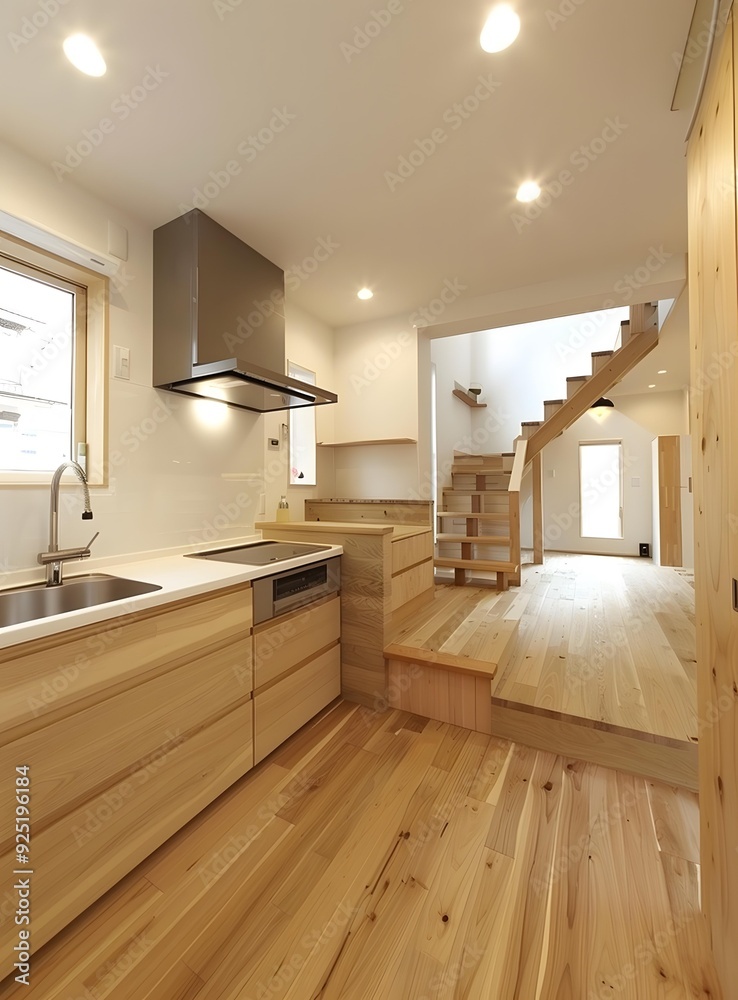 Modern Kitchen Interior Design with Wooden Flooring and Staircase Modern Kitchen Interior Design with Wooden Flooring and Staircase