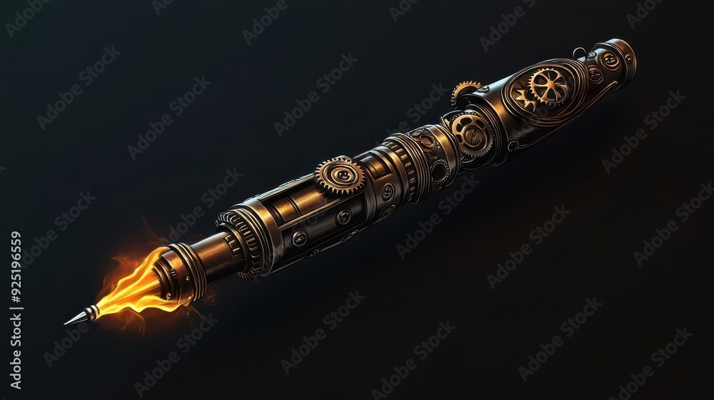 Fototapeta premium A mechanical pen with gears exposed, emitting flames from its tip, Steampunk, Dark tones, Illustration, Intricate details