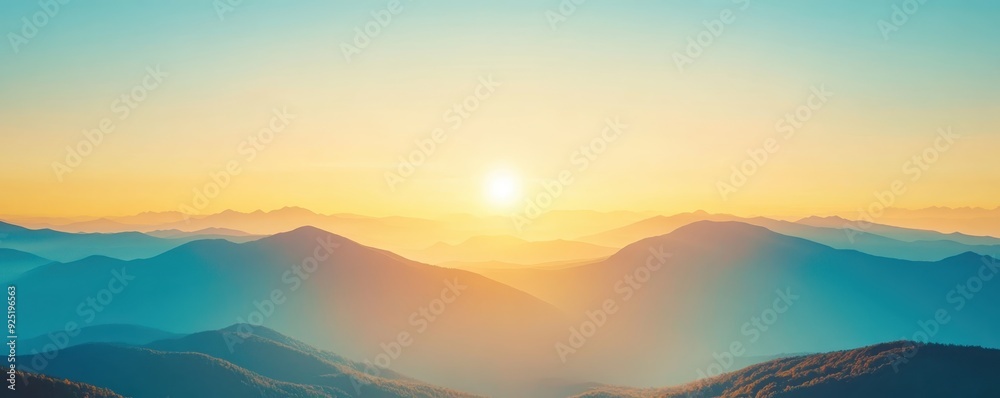Serene sunrise over misty mountain range with vibrant colors in the sky, depicting tranquility and natural beauty in a breathtaking landscape. Serene sunrise over misty mountain range with vibrant colors in the sky, depicting tranquility and natural beauty in a breathtaking landscape.