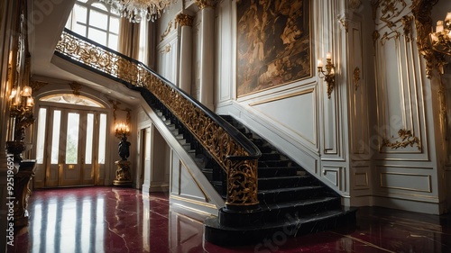 design a grand opulent black staircase in a lavish man background