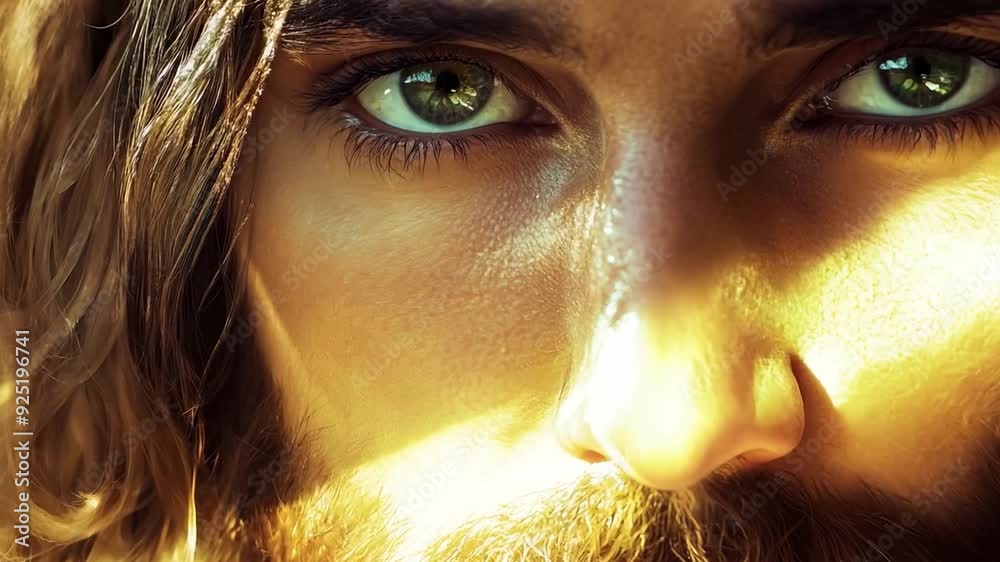 Jesus with long, brown hair and a beard looks directly at the camera, bathed in warm, golden light.