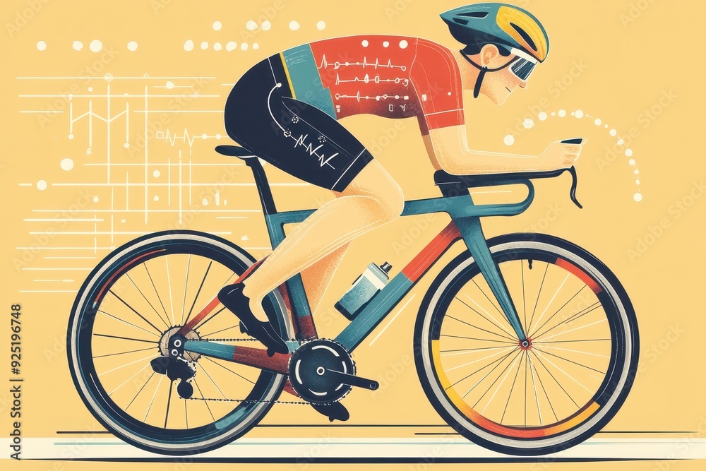 Fototapeta premium Hand-Drawn Cyclist Utilizing Colorful Wearable Tech for Performance Tracking - Vector Illustration of Health Monitoring Device