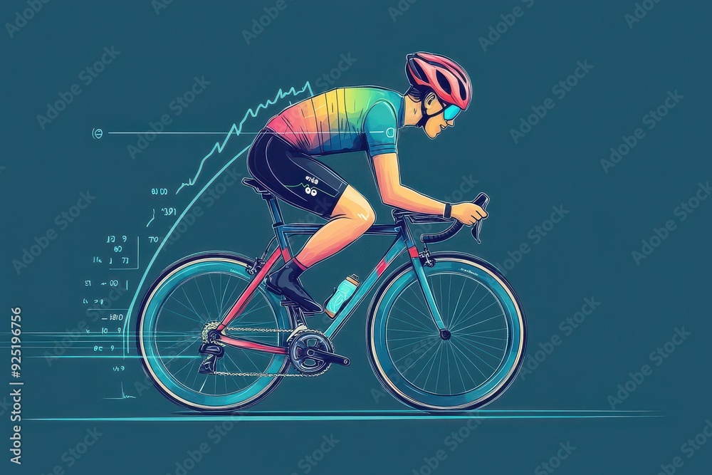 Fototapeta premium Hand-Drawn Cyclist Monitoring Performance with Colorful Wearable Tech Vector Illustration