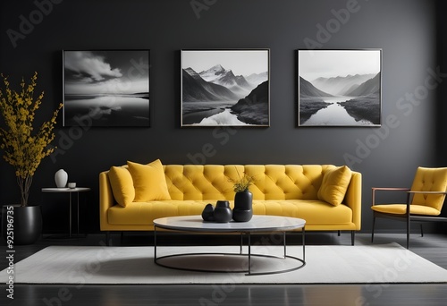 A modern living room with a yellow tufted sofa, a black coffee table, and three black and white landscape photographs on the wall. photo