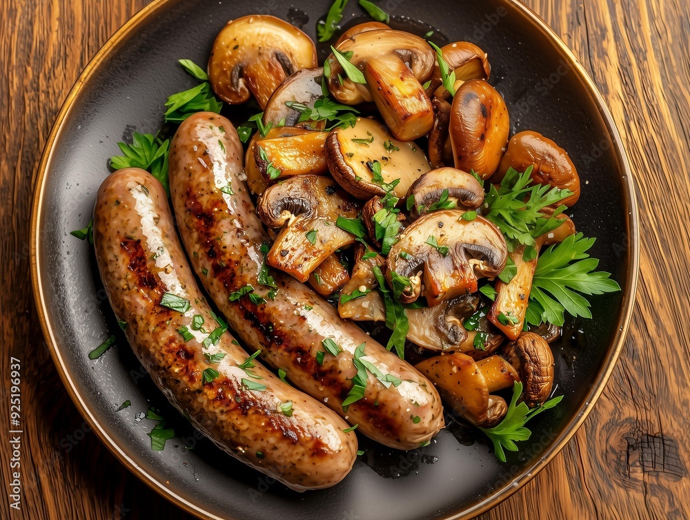 Flavorful Grilled Sausages Paired with Sautéed Paris Mushrooms on a Wooden Plate, Perfect for French Cuisine-Inspired Recipes and Gourmet Meal Advertisements Flavorful Grilled Sausages Paired with Sautéed Paris Mushrooms on a Wooden Plate, Perfect for French Cuisine-Inspired Recipes and Gourmet Meal Advertisements