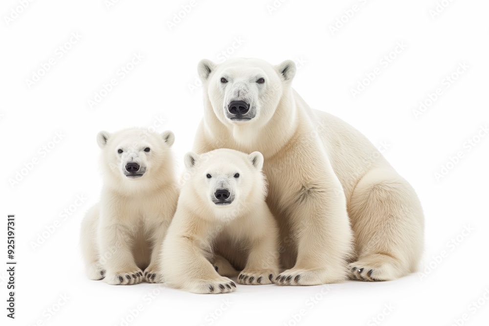 Three polar bears are sitting on a white background. The bears are all white and appear to be young Three polar bears are sitting on a white background. The bears are all white and appear to be young