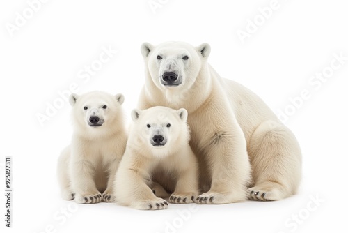 Three polar bears are sitting on a white background. The bears are all white and appear to be young