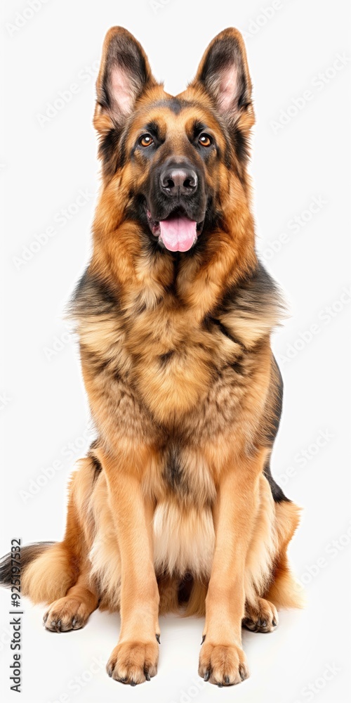 A large brown and black dog with a black nose and tongue sticking out. The dog is sitting on a white background A large brown and black dog with a black nose and tongue sticking out. The dog is sitting on a white background