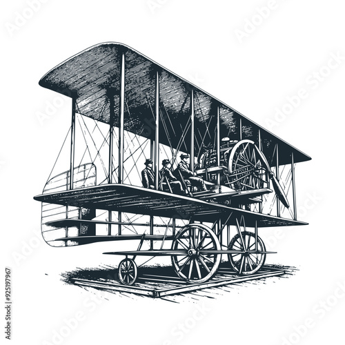 The Wright brothers airplane. Black white vector illustration.
