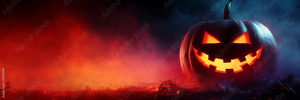 Fototapeta premium Halloween illuminated carved pumpkin, evil scary face in darkness, candle lit at night, background with copy space 