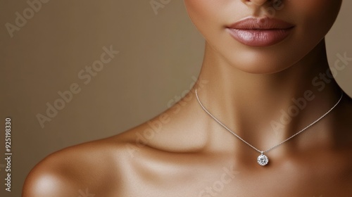 Closeup of a woman's neck and d?colletage wearing a delicate silver chain necklace with a large, sparkling diamond pendant. photo