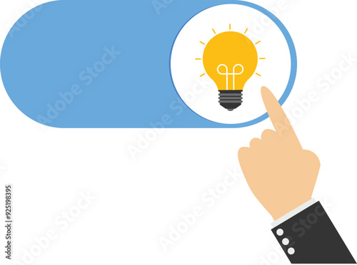 Turn on new idea, solution or innovation to solve problem, enable knowledge or creativity, toggle lightbulb idea invention, unlock or active concept, businessman push toggle switch to turn on idea.

