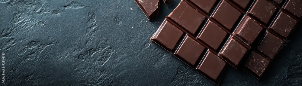 Top view of a dark chocolate bar broken into pieces on a dark textured background. Perfect for dessert and confectionery themed designs. Top view of a dark chocolate bar broken into pieces on a dark textured background. Perfect for dessert and confectionery themed designs.