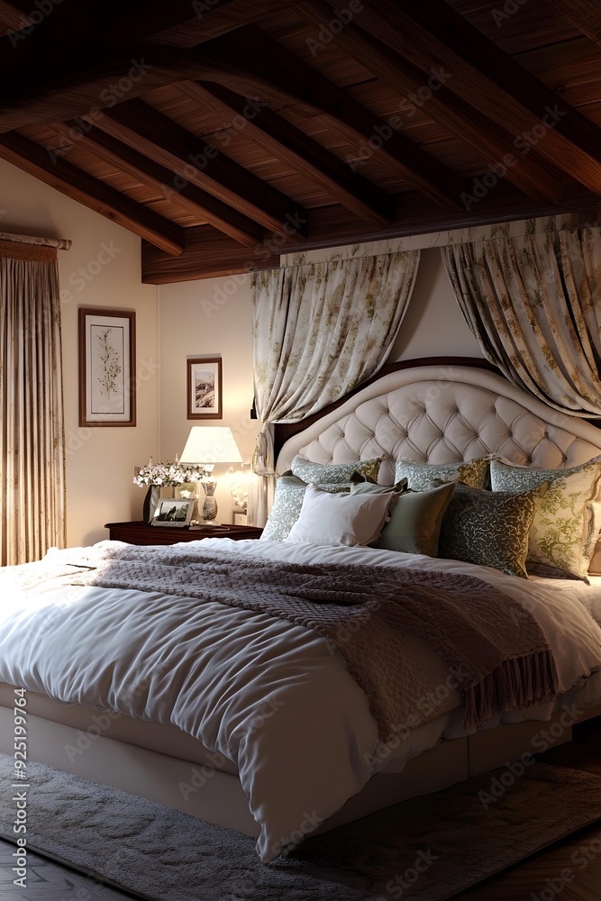 Cozy Bedroom with Wooden Beam Ceiling and Elegant Bed Cozy Bedroom with Wooden Beam Ceiling and Elegant Bed