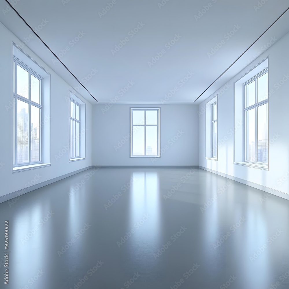 Empty White Room with Large Windows and City View Empty White Room with Large Windows and City View