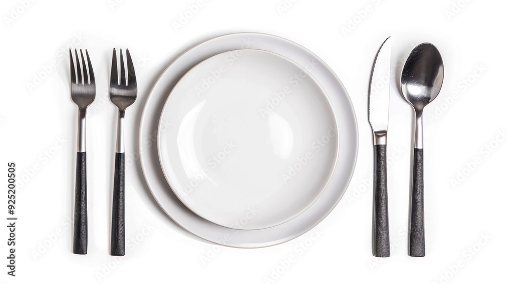 Empty plate, Spoon, fork, knife, white background, isolated, top view. Empty plate, Spoon, fork, knife, white background, isolated, top view.