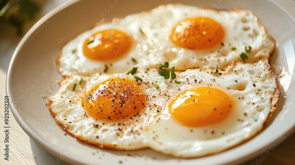 A delicious plate of eggs, seasoned with a sprinkle of pepper and salt, served on a clean white dish A delicious plate of eggs, seasoned with a sprinkle of pepper and salt, served on a clean white dish
