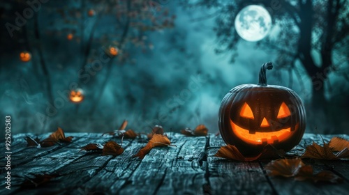 Jack Oâ€™ Lantern On Table In Spooky Night - Halloween With Full Moon  photo