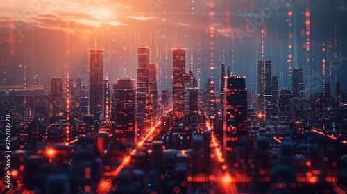 A futuristic city skyline emerges from a swirling vortex of data streams. The buildings are constructed from digital code, representing the foundation of the internet