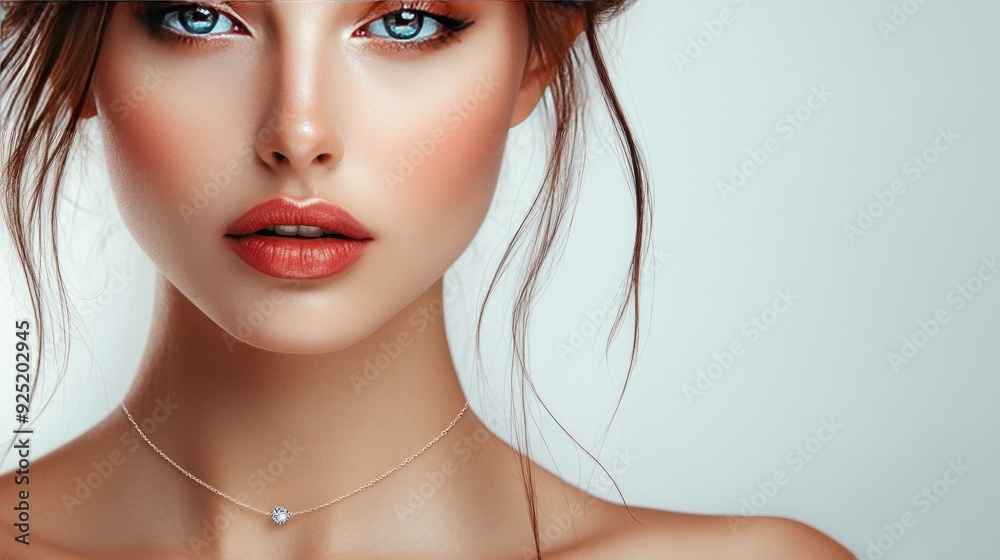 Closeup portrait of a beautiful woman with red lipstick and a delicate silver necklace with a diamond pendant. Closeup portrait of a beautiful woman with red lipstick and a delicate silver necklace with a diamond pendant.