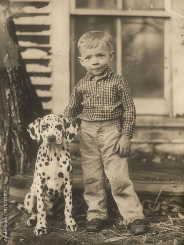 A vintage photograph of a young boy and his loyal Dalmatian dog posing proudly in front of their family farmhouse. The image captures the timeless bond between children and their canine companions