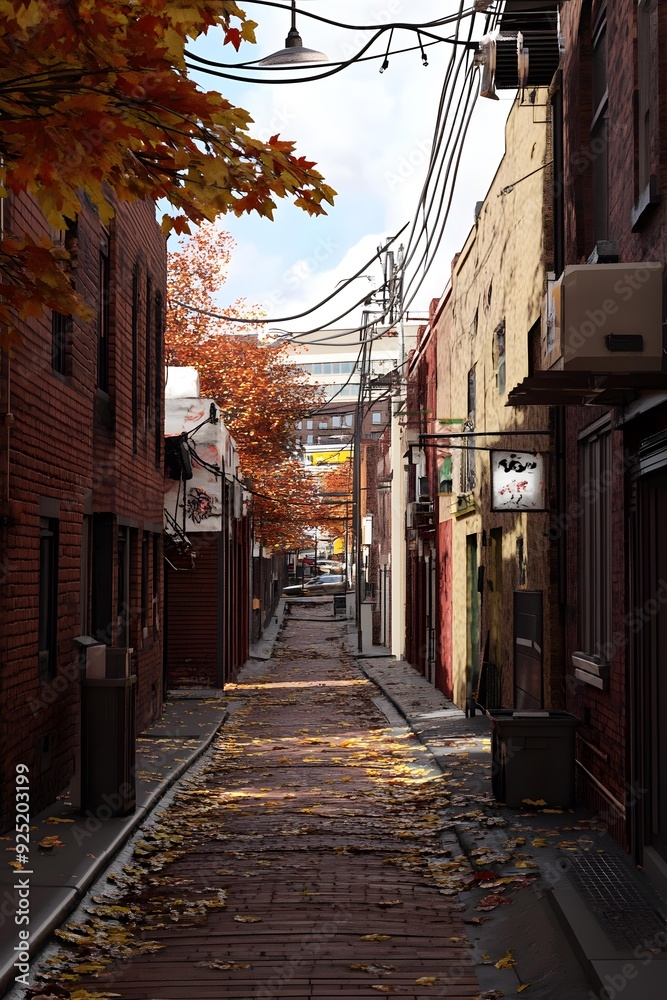 Fototapeta premium Narrow Brick Alleyway With Fall Leaves