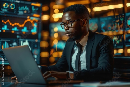 A photorealistic image of a focused businessman sitting at a modern desk He intently analyzes data visualizations on his laptop screen