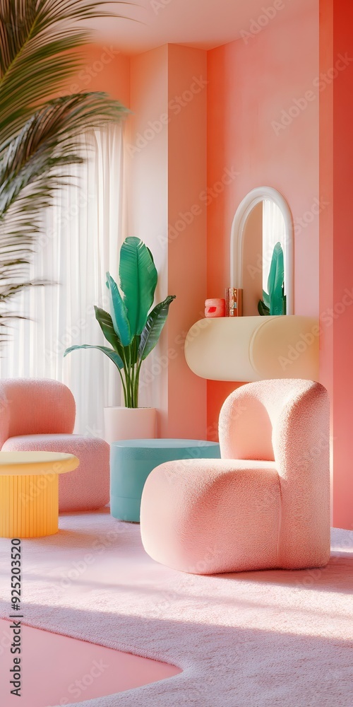 Pink Living Room Interior Design with Fluffy Chairs and Palm Tree Pink Living Room Interior Design with Fluffy Chairs and Palm Tree