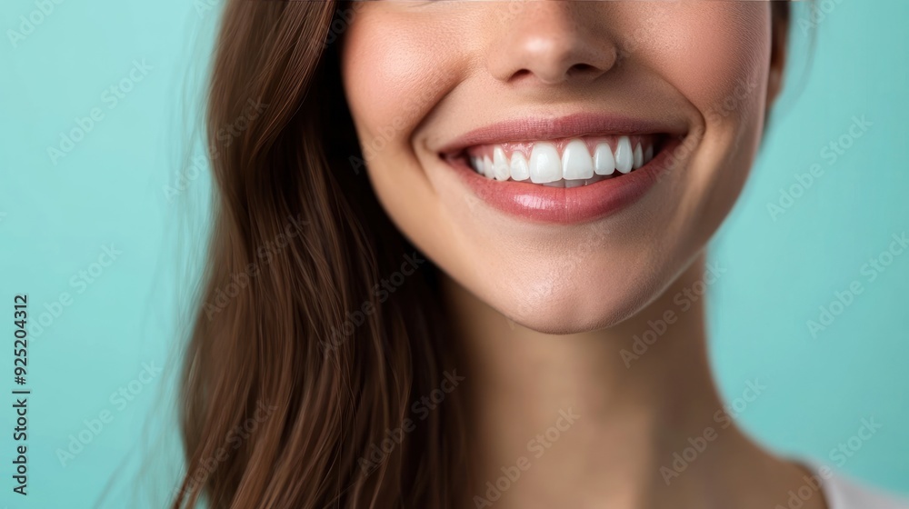 Close-up of a woman smiling with white teeth, against a turquoise background. Close-up of a woman smiling with white teeth, against a turquoise background.