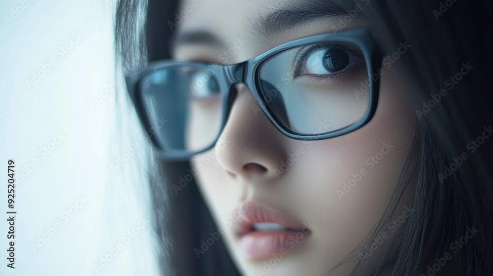 Close-up portrait of a young woman with black hair and glasses looking to the side.