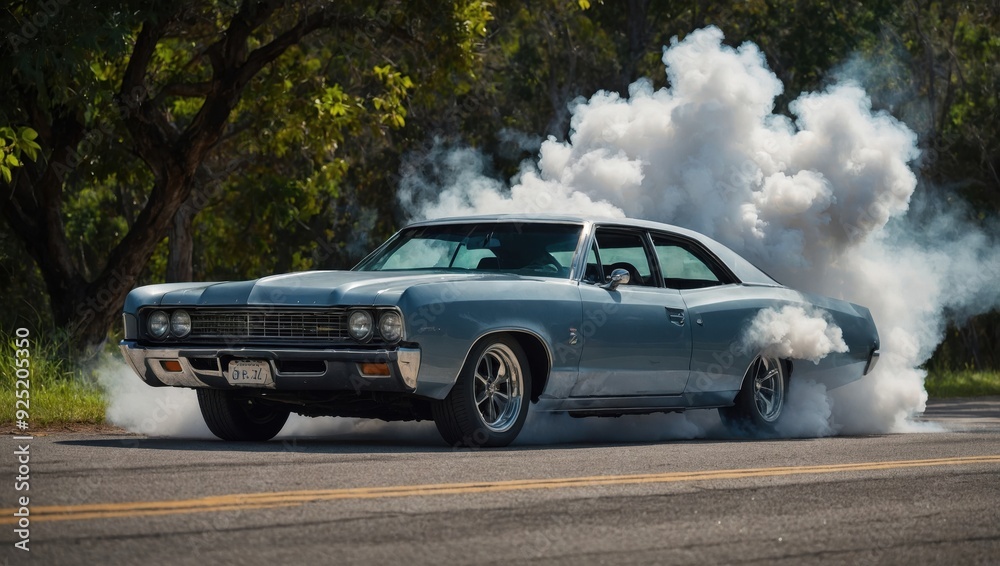 Fototapeta premium Car exhaust pipe emitting thick smoke, car fire, drifting