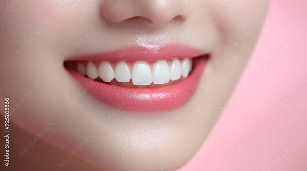 Fototapeta premium Close up of a woman's smile with white teeth and pink lips.