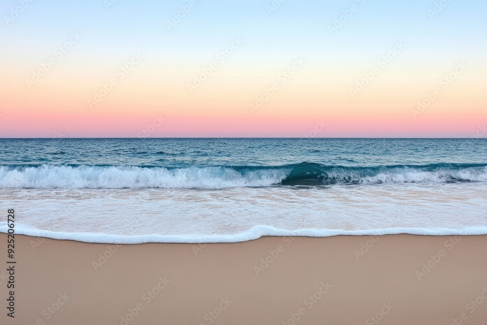 A serene view of the beach at sunset, featuring gentle waves lapping at a sandy shore with a pastel sky above. A serene view of the beach at sunset, featuring gentle waves lapping at a sandy shore with a pastel sky above.
