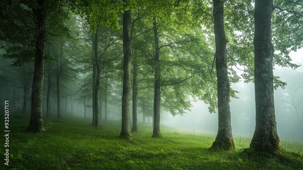 A foggy morning in a lush green forest, with tree trunks fading into the mist, creating a sense of depth A foggy morning in a lush green forest, with tree trunks fading into the mist, creating a sense of depth