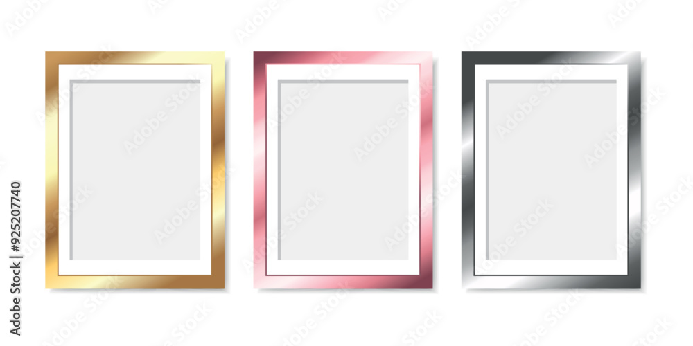 Set of modern metallic colored picture frames isolated on white background. Golden, pink and silver frame borders for poster, painting, photo. Vector illustration Set of modern metallic colored picture frames isolated on white background. Golden, pink and silver frame borders for poster, painting, photo. Vector illustration
