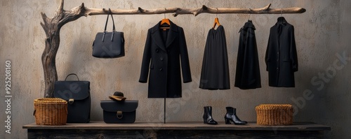 Stylish black clothing and accessories displayed on a rustic wooden rack, perfect for fashion and lifestyle themes. photo