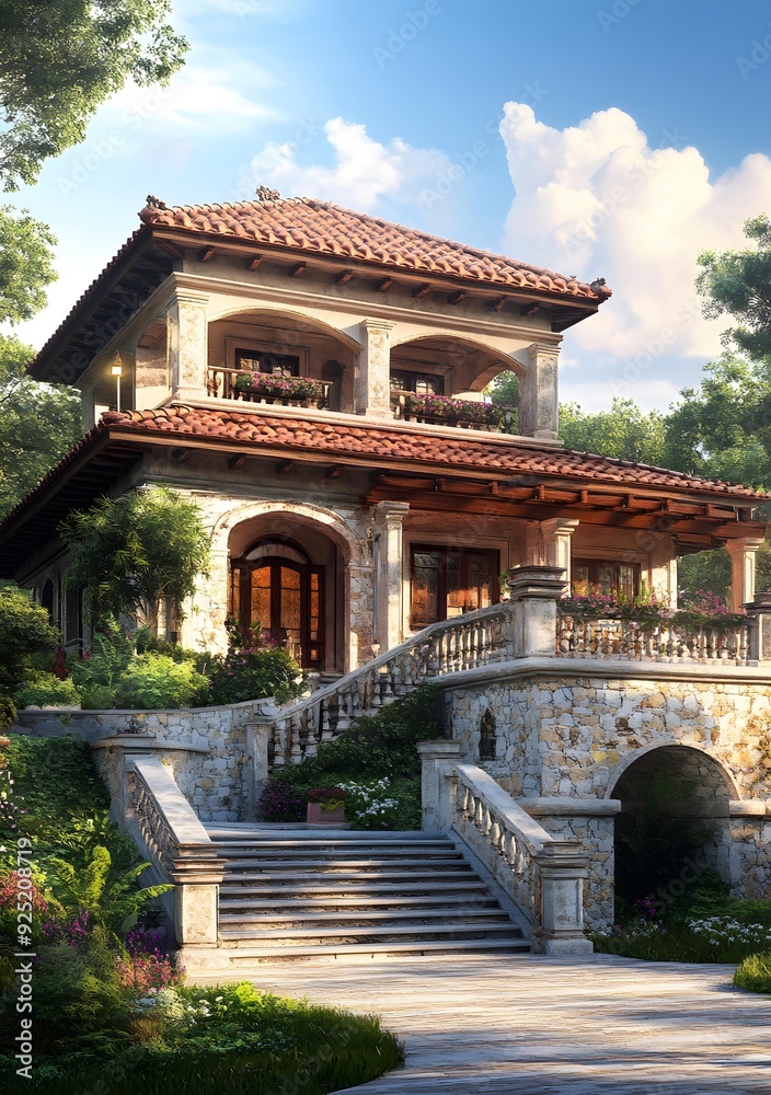 Obraz premium Stone House With Red Tile Roof and Balcony