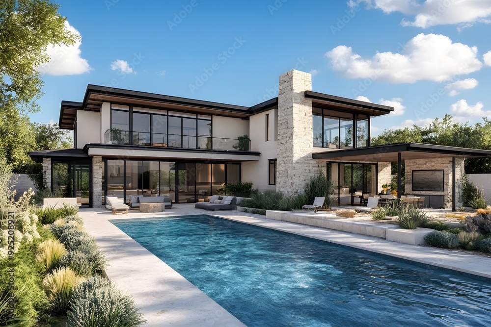Fototapeta premium Modern House with Swimming Pool and Landscaping