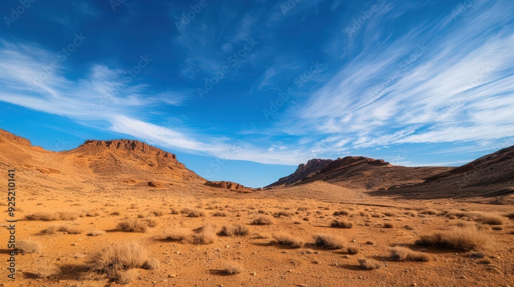 Vast Desert Expanse, a sweeping view of golden sands under a brilliant blue sky adorned with fluffy white clouds, capturing the serene beauty of arid wilderness. Vast Desert Expanse, a sweeping view of golden sands under a brilliant blue sky adorned with fluffy white clouds, capturing the serene beauty of arid wilderness.